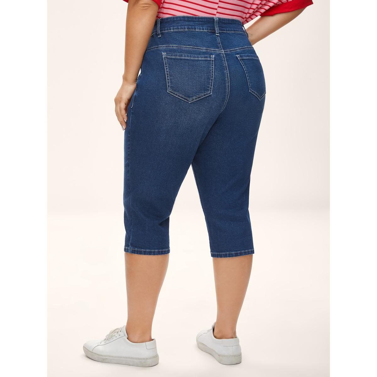 Plus Size Stretchy 5 Pockets Skinny-Fit Crop Jeans Women Darkindigo Medium stretch Slanted pocket Jeans BloomChic 24/3X Product Image