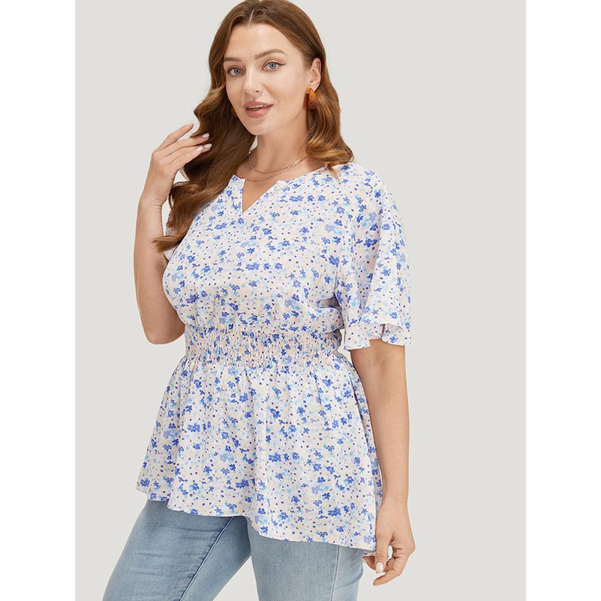 Plus Size MistyRose Ditsy Floral Notched Shirred Flutter Sleeve Blouse Women Elegant Short sleeve Notched collar Dailywear Blouses BloomChic 18-20/2X Product Image