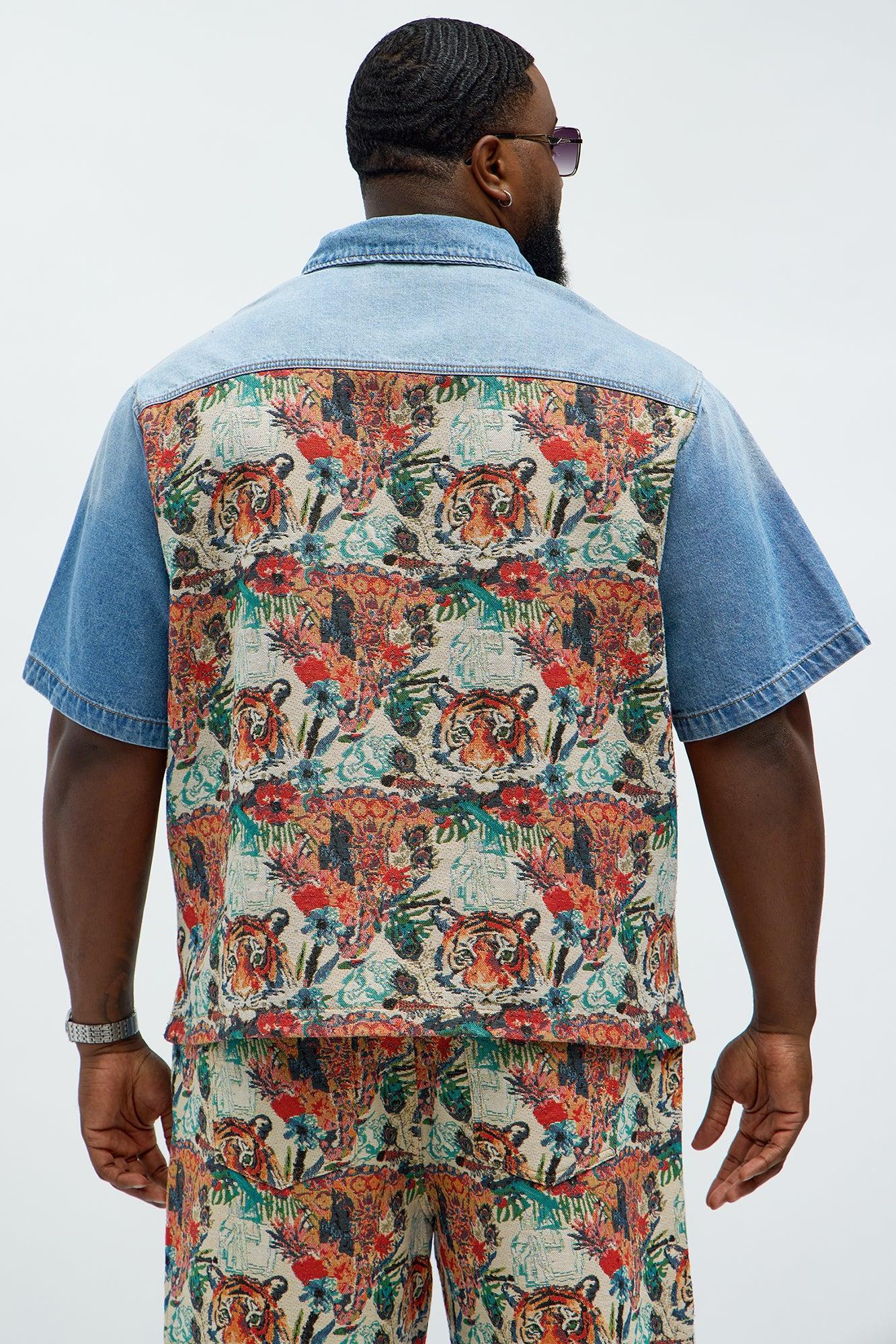 Relaxed Ansel Tapestry Denim Short Sleeve Shirt - Blue/combo Male Product Image