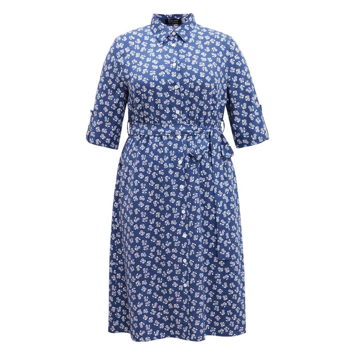Plus Size Ditsy Floral Belted Button Through Tab Sleeve Dress Aegean Women Office Belted Shirt collar Elbow-length sleeve Curvy Midi Dress BloomChic 18-20/2X Product Image