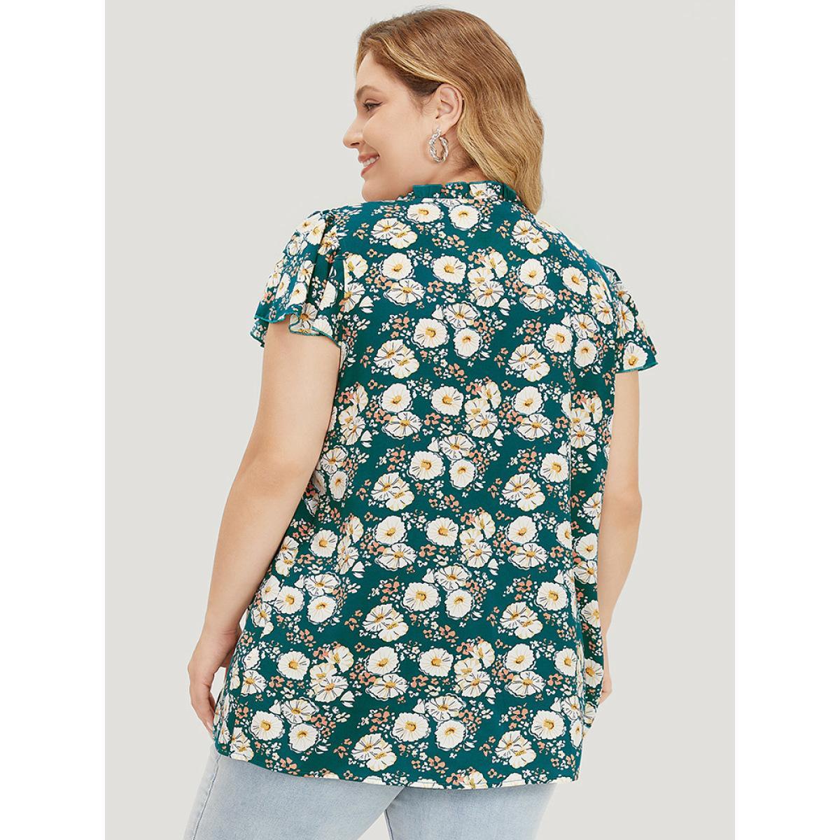 Plus Size Cerulean Floral Ruffle Sleeve Shirred Button Up Frill Trim Blouse Women Elegant Short sleeve V-neck Dailywear Blouses BloomChic 10/M Product Image