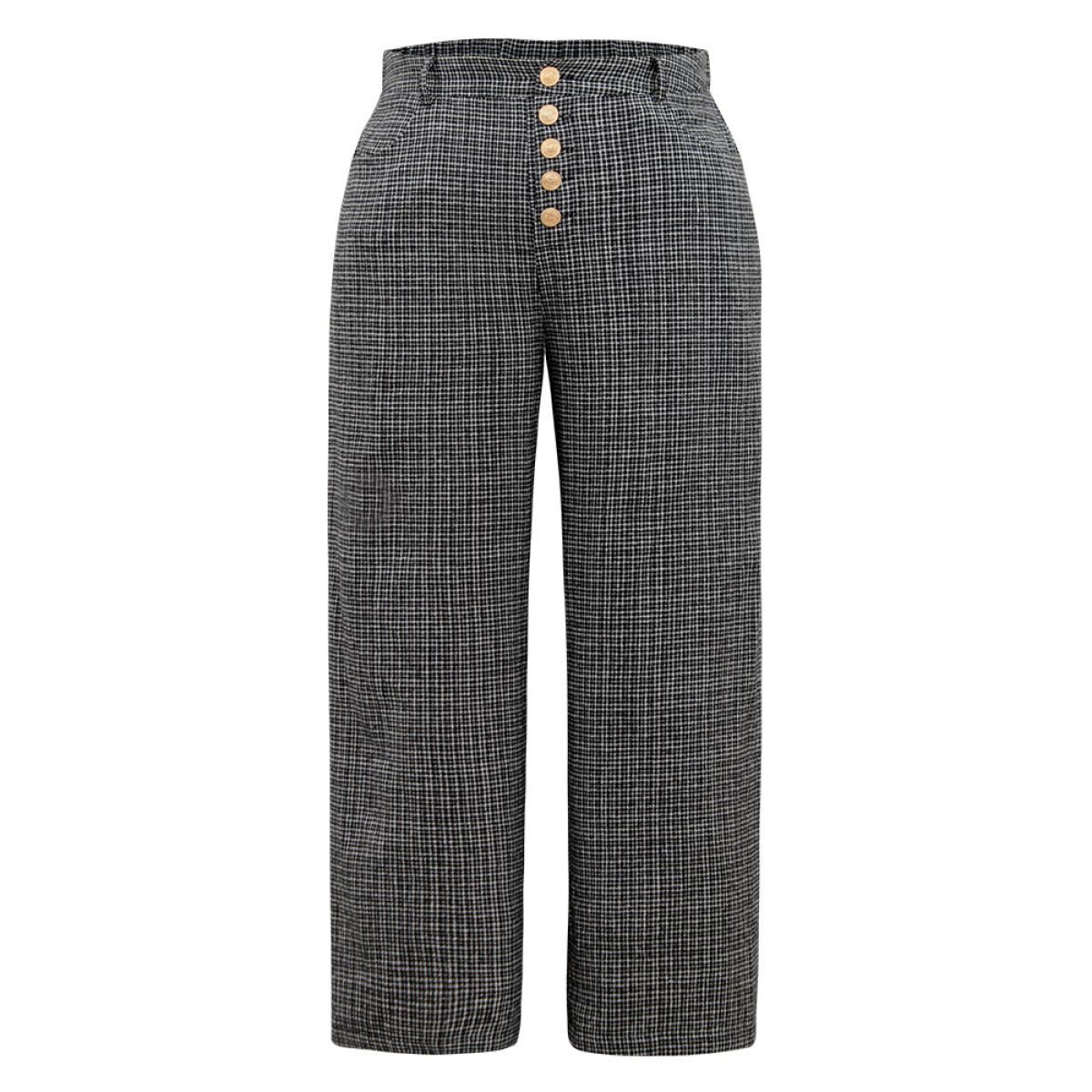 Plus Size Gingham Textured Metal Detail Wide Leg Pants Women Black Office Wide Leg High Rise Work Pants BloomChic 12/L Product Image
