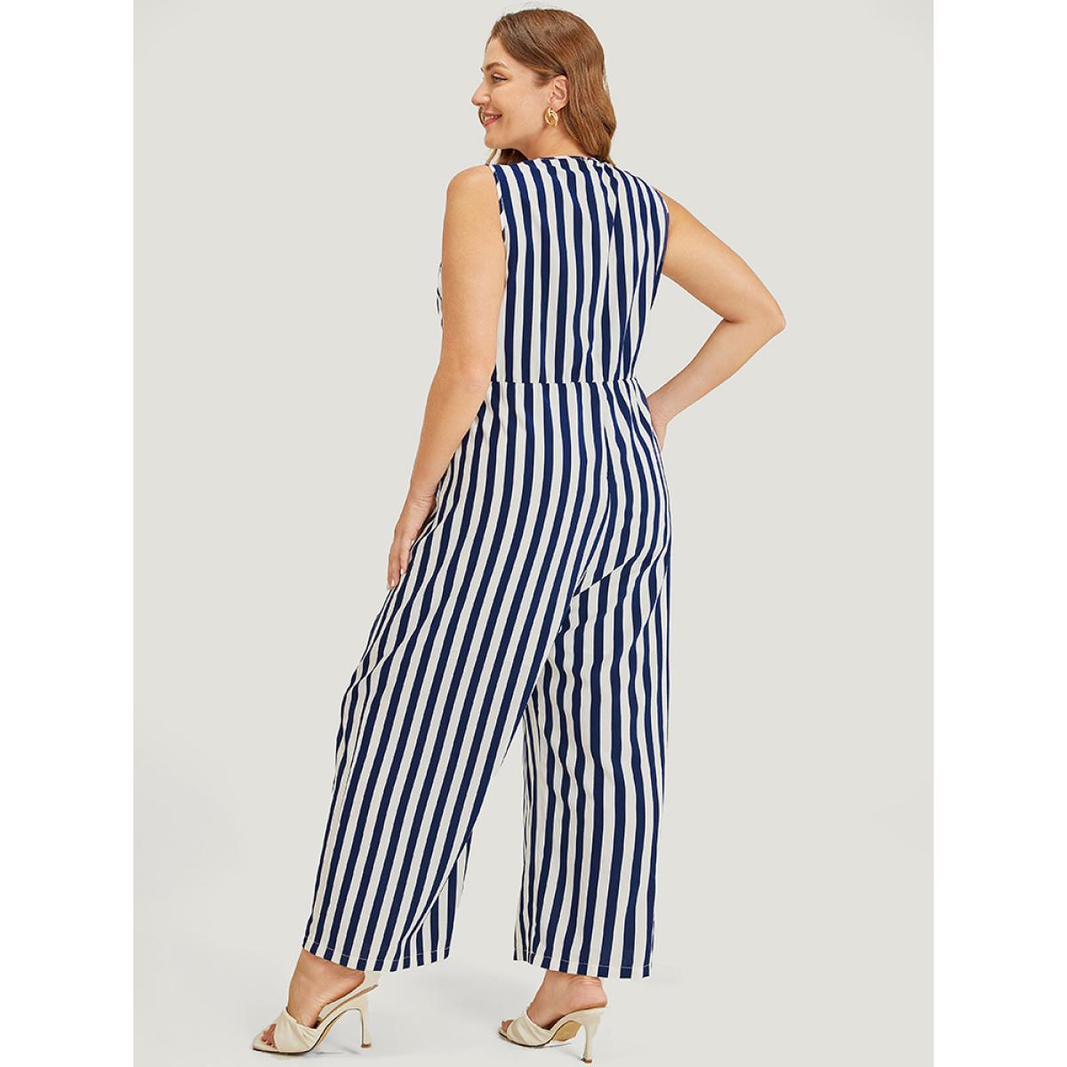 Plus Size DarkBlue Striped Print Contrast Lace Pocket Knot Tassels Tank Jumpsuit Women Office Sleeveless V-neck Work Loose Jumpsuits BloomChic 10/M Product Image
