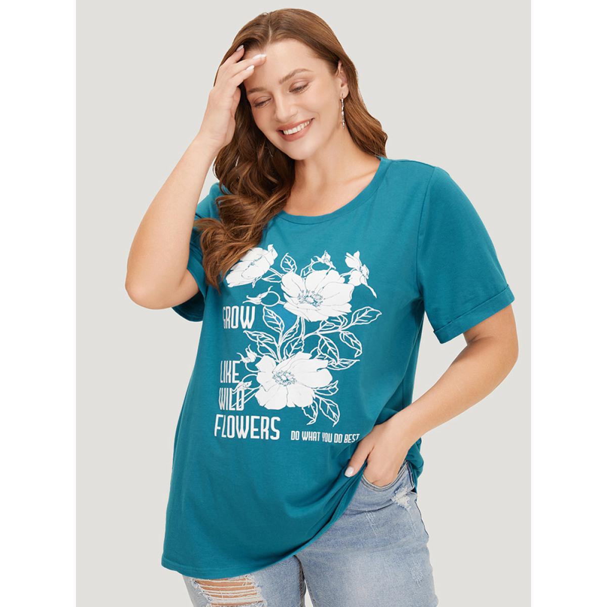 Plus Size Floral & Letter Roll Sleeve T-shirt Cerulean Women Casual Printed Natural Flowers Dailywear T-shirts BloomChic 18-20/2X Product Image