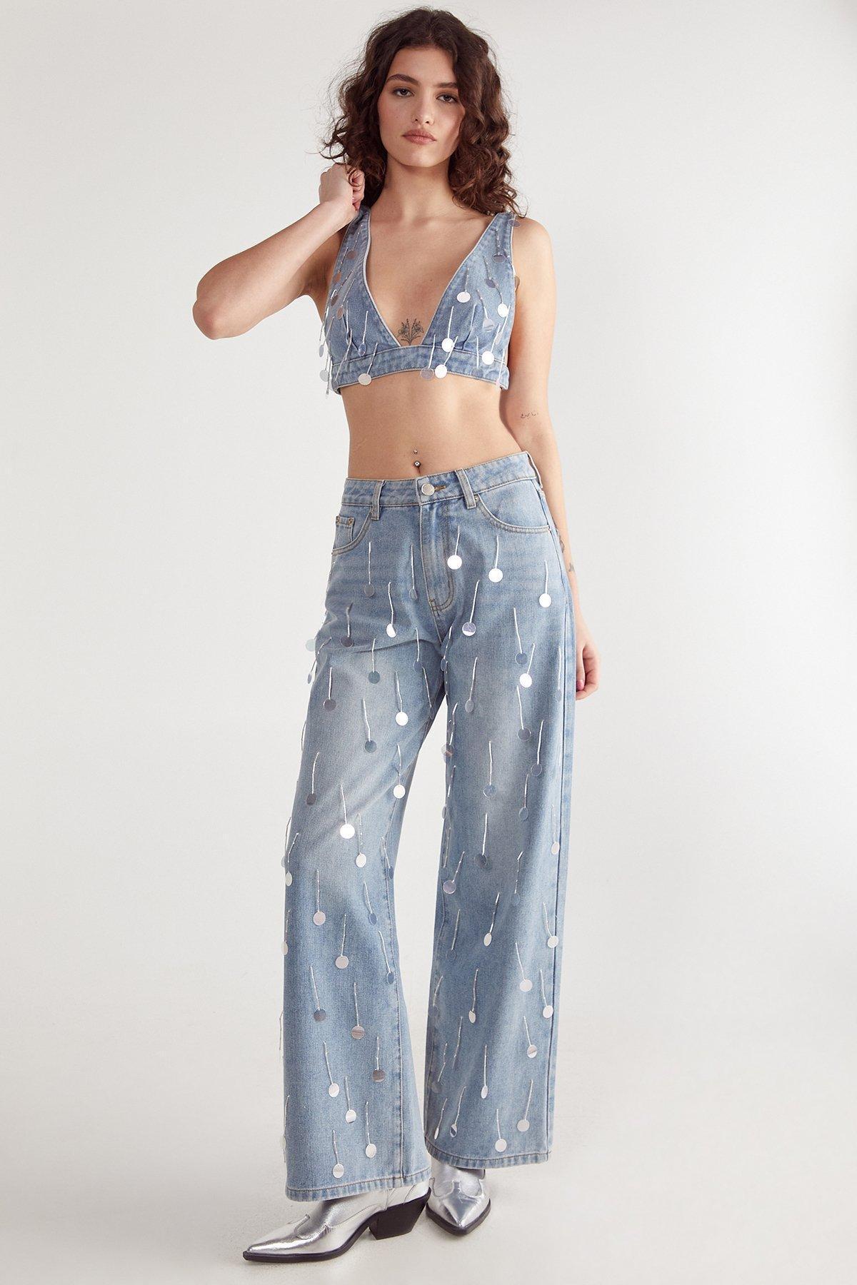 Bead Embellished Denim Bralet Product Image