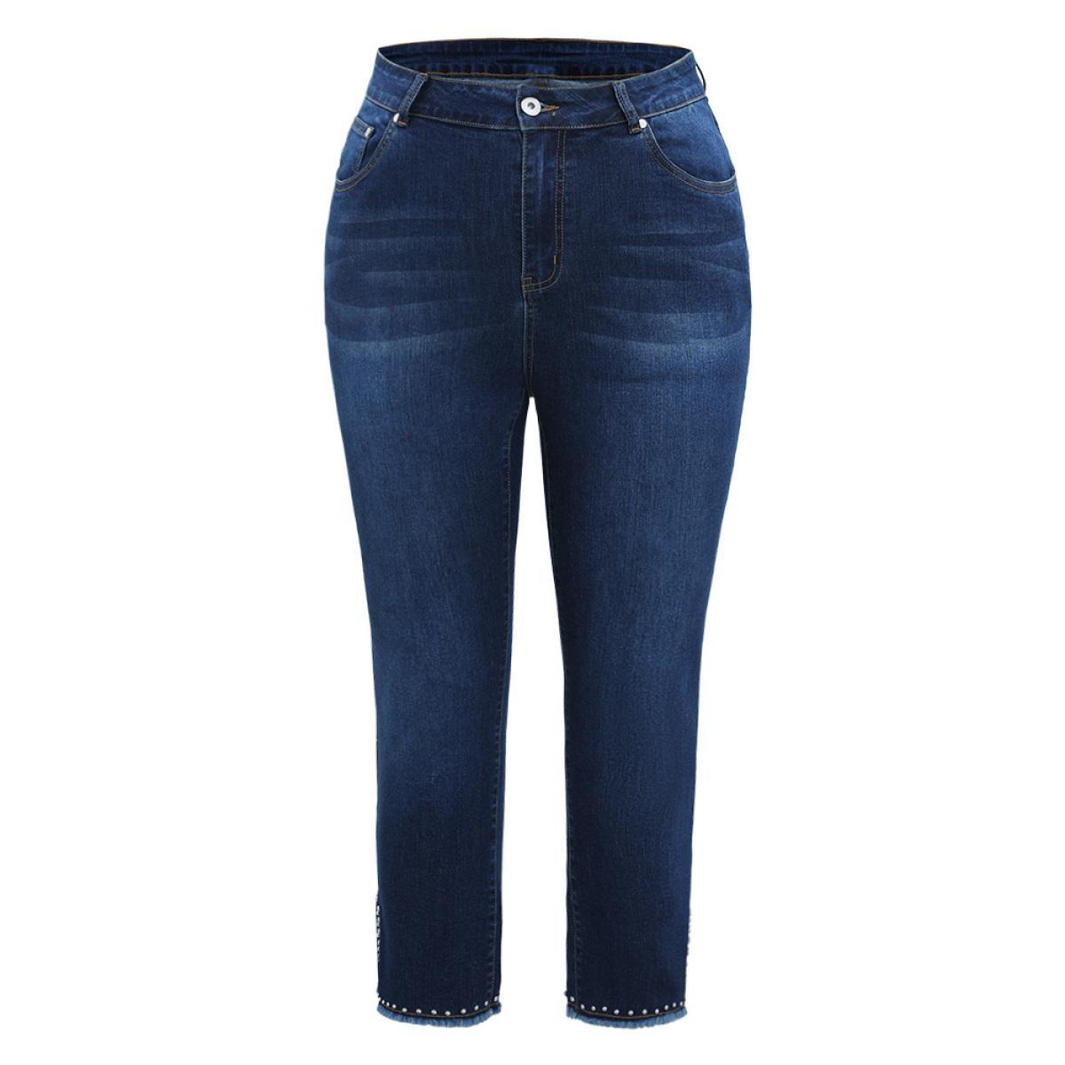 Plus Size Plain Split Side Beaded Detail Dark Wash Jeans Women DarkBlue Casual Plain Beaded High stretch Pocket Jeans BloomChic 30/6X Product Image