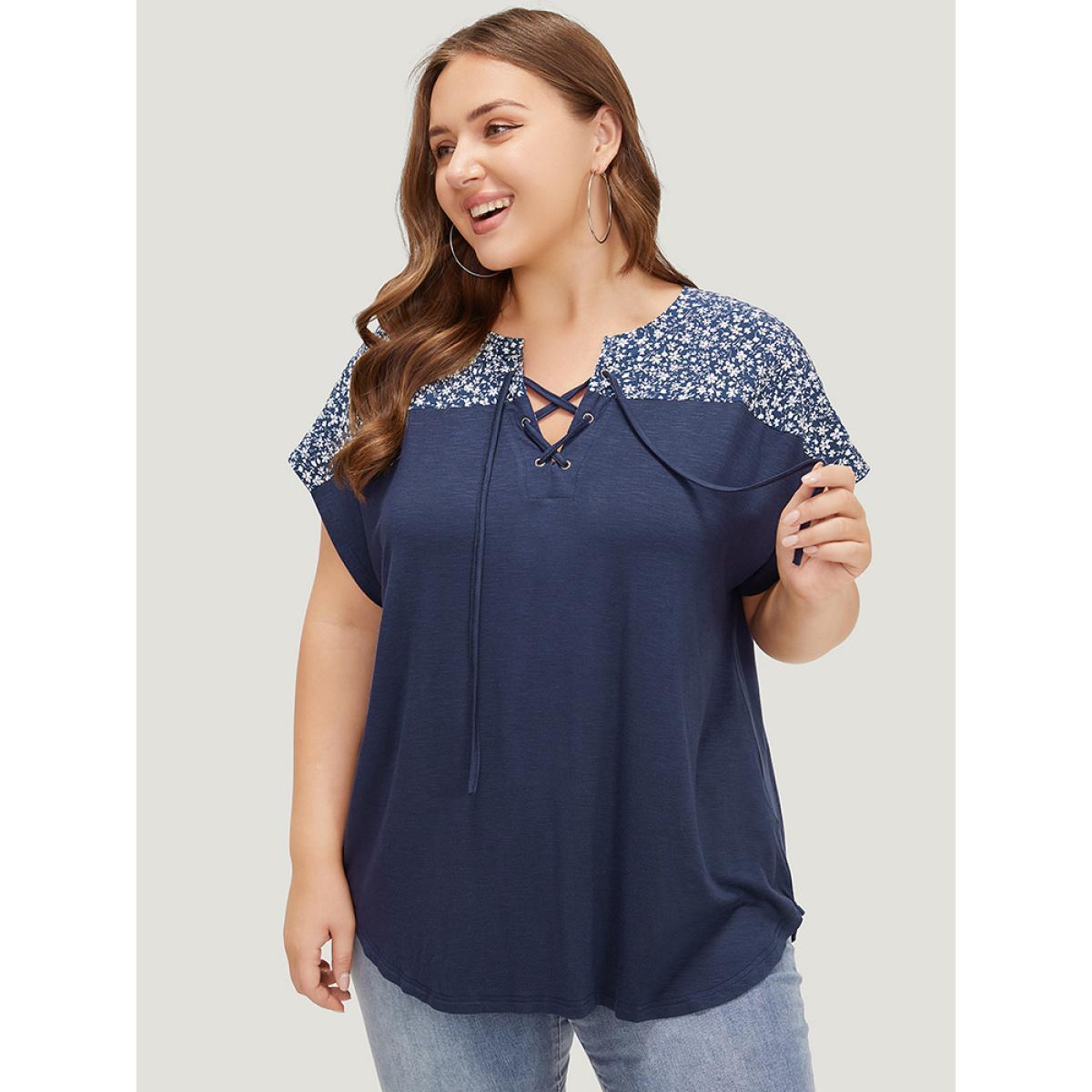 Plus Size Ditsy Floral Patchwork Lace Up Notched T-shirt Indigo Women Elegant Cross straps Ditsy Floral Notched collar Dailywear T-shirts BloomChic 14-16/1X Product Image