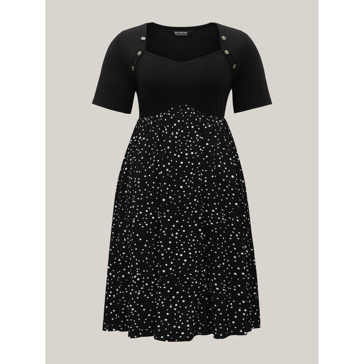 Plus Size Color Contrast Shoulder Button Sleeve Midi Dress Black Women Button Heart neckline Short sleeve Curvy BloomChic 26/4X Product Image