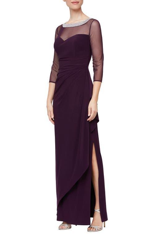 Alex Evenings Illusion Mesh 34 Sleeve Round Neck Side Slit Ruched Gown Product Image