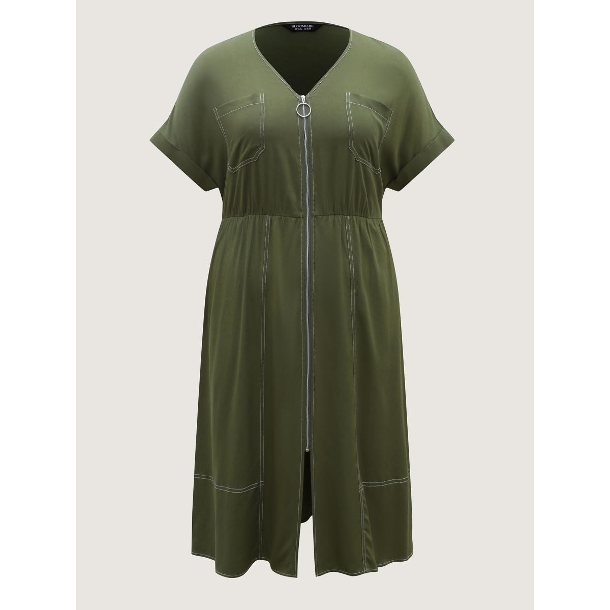 Plus Size Monochrome Zipper Front Pockets Midi Dress ArmyGreen Women V-neck Short sleeve Curvy BloomChic 22-24/3X Product Image