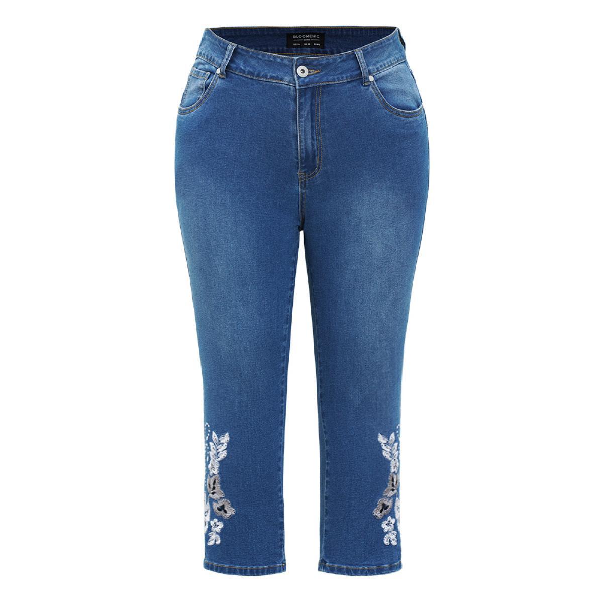 Plus Size Very Stretchy High Rise Medium Wash Embroidered Cropped Jeans Women LightBlue Casual Plain Embroidered High stretch Pocket Jeans BloomChic 18/2X Product Image