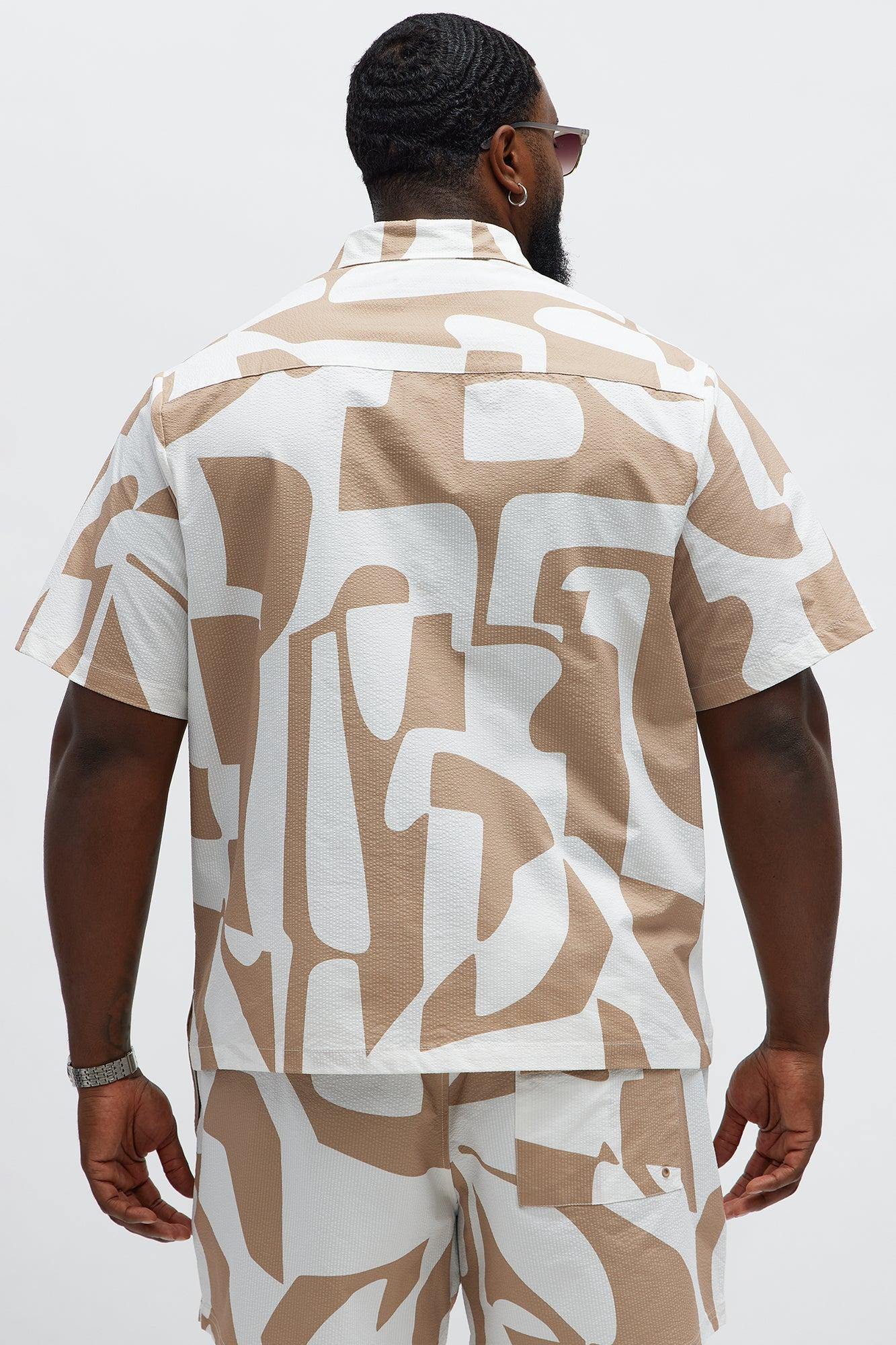 Seersucker Abstract Geo Printed Closed Collar Shirt - Tan/Multi Product Image