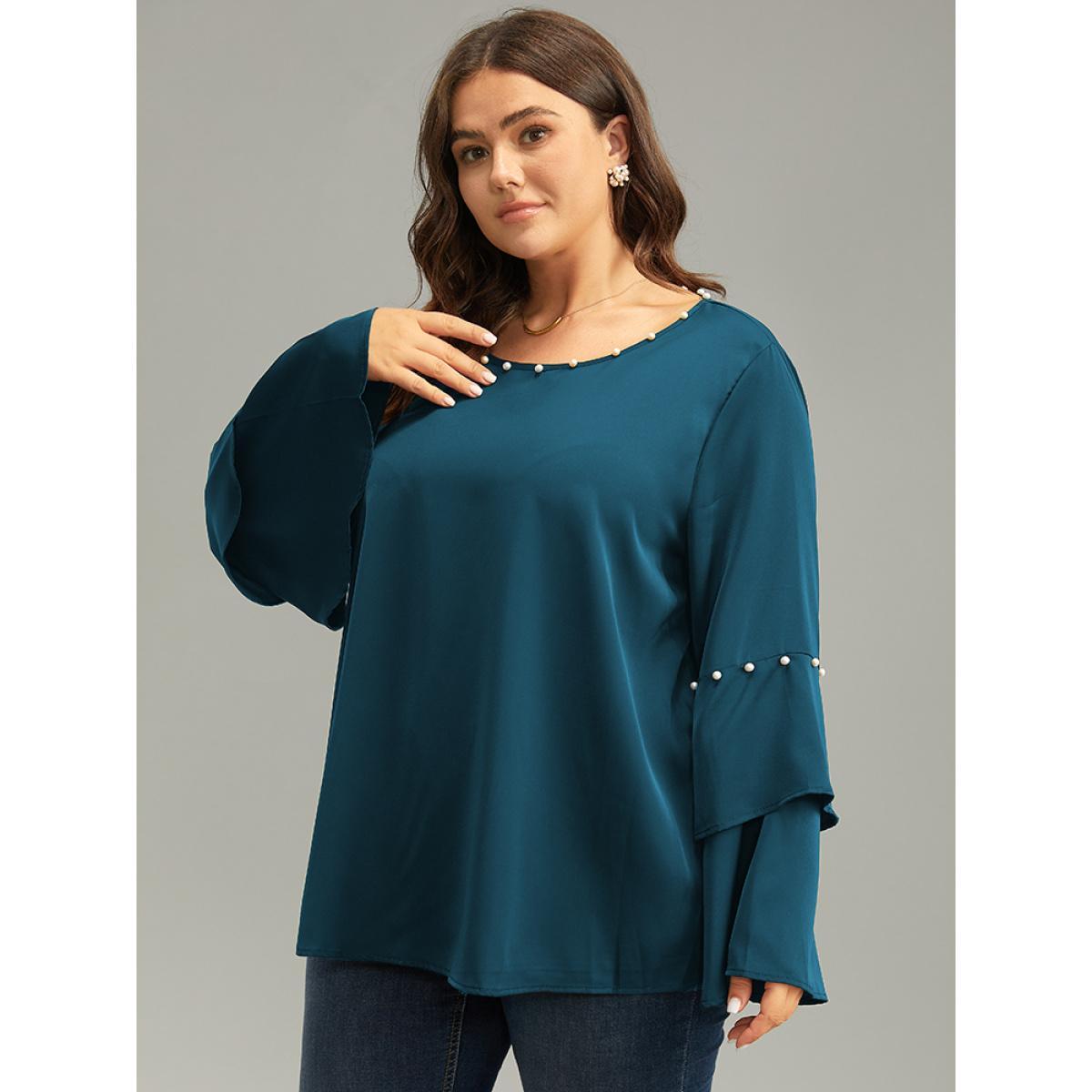 Plus Size Cyan Anti-Wrinkle Pearl Beaded Ruffle Layered Sleeve Blouse Women Glamour Long Sleeve Round Neck Going out Blouses BloomChic 18-20/2X Product Image