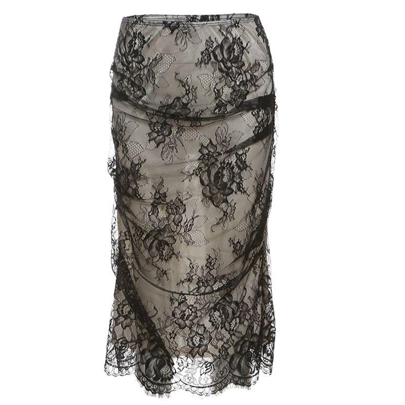 Floral Asymmetrical Lace Tube Top / High Waist Midi Pencil Skirt Product Image