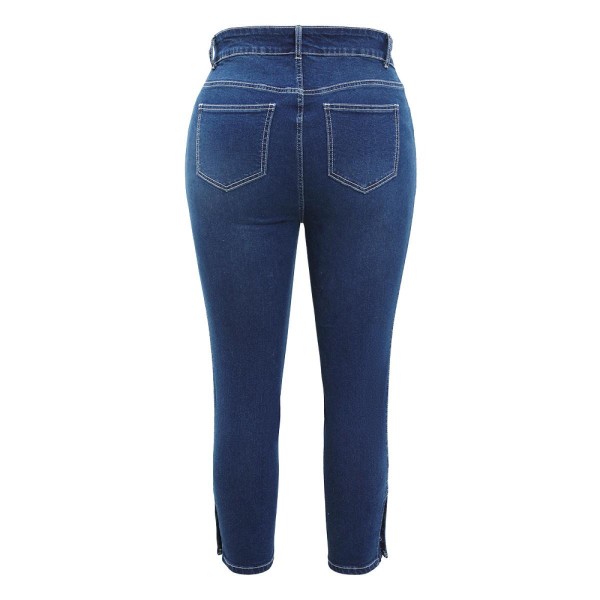 Plus Size Very Stretchy High Rise Dark Wash Button Hem Jeans Women Indigo Casual Plain Button High stretch Jeans BloomChic 30/6X Product Image