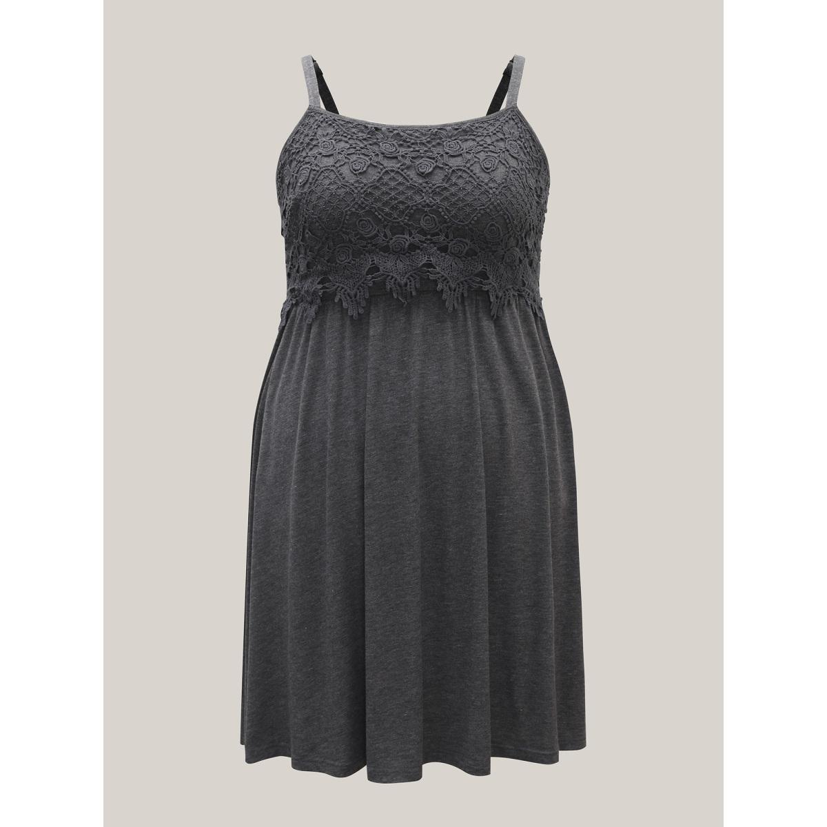 Plus Size Lace Waist-Cinched Pockets Midi Dress DarkGray Women Elegant Woven ribbon&lace trim Square Neck Sleeveless Curvy BloomChic 18-20/2X Product Image