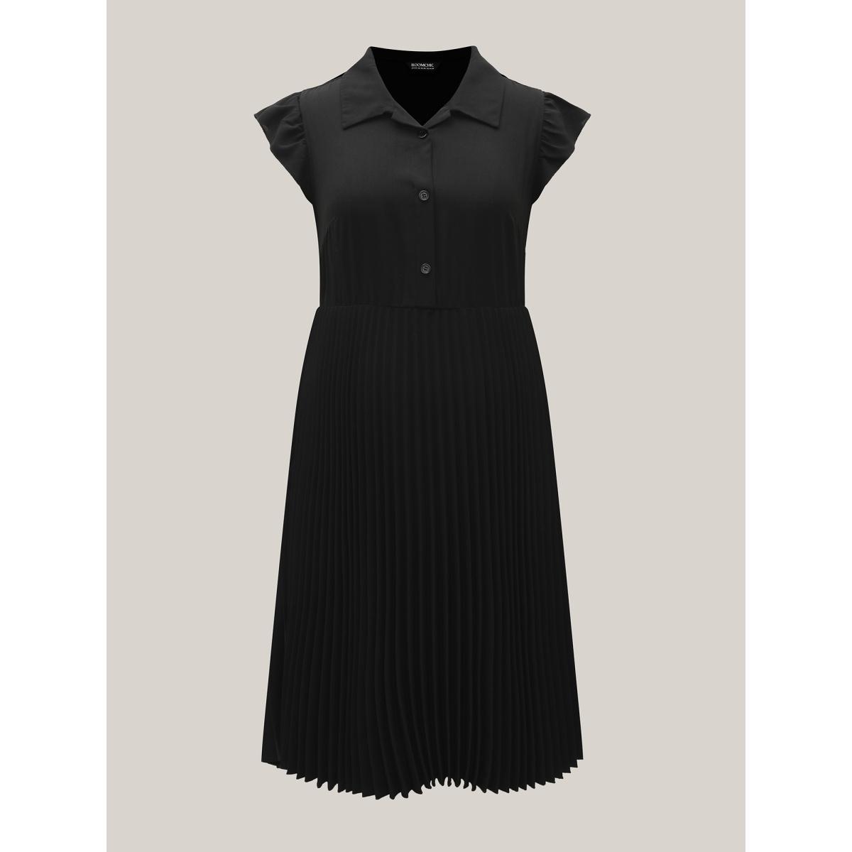 Plus Size Pleated Shirt Collar Solid Midi Dress Black Women At the Office Pleated Shirt collar Cap Sleeve Curvy BloomChic 14-16/1X Product Image