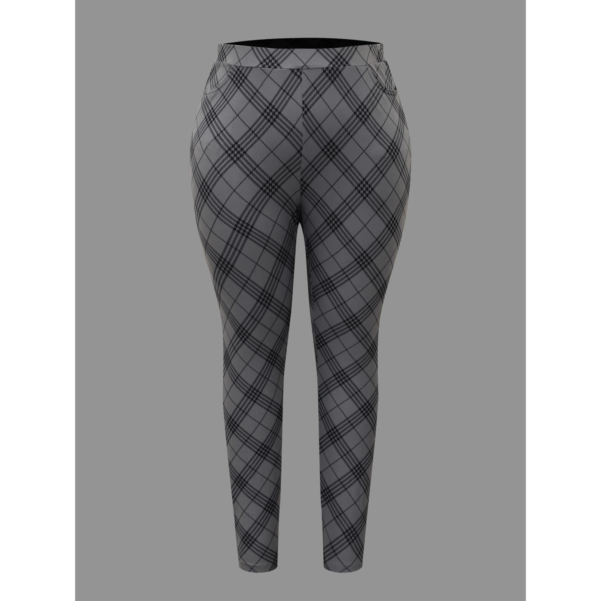 Plus Size Plaid Pattern Mid-Rise Skinny Pants Women DimGray Elegant Medium stretch Skinny Mid Rise Everyday Leggings BloomChic 28/5X Product Image