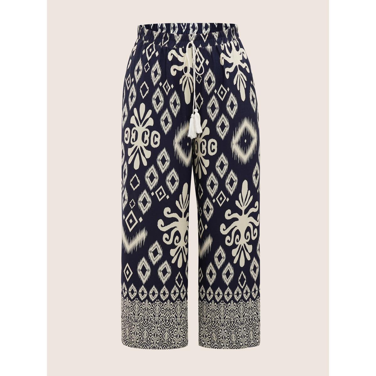 Plus Size Bandana Tassel Trim Elastic Waist Wide Leg Pants Women Navy Resort Wide Leg High Rise Vacation Pants BloomChic 12/L Product Image