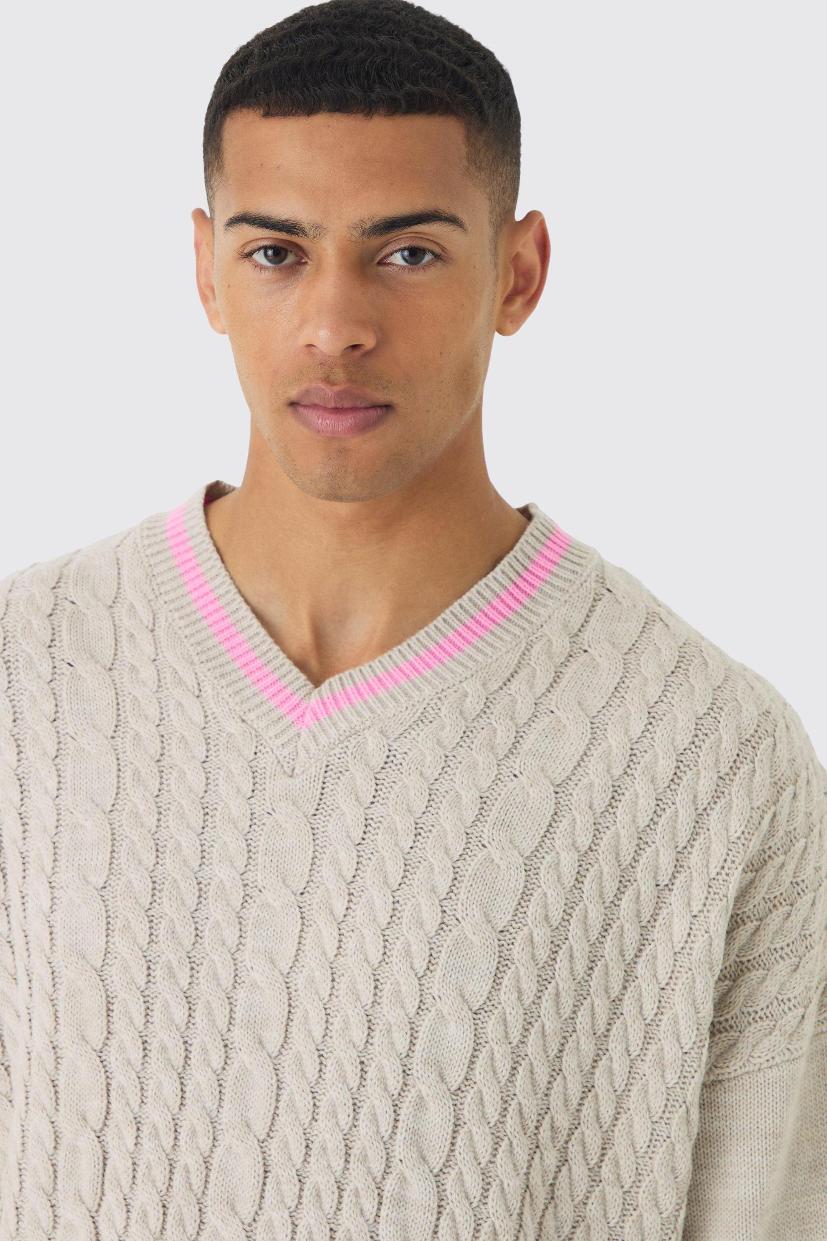 Oversized Boxy Cable Knit V Neck Sweater | boohooMAN USA Product Image
