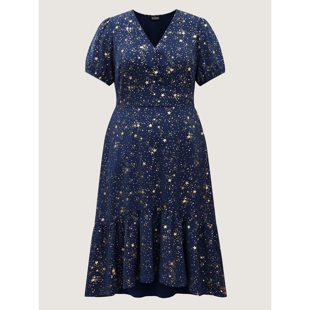 Plus Size Starry Sequins Ruffled Hem Midi Dress Navy Women V-neck Short sleeve Curvy BloomChic 30/6X Product Image