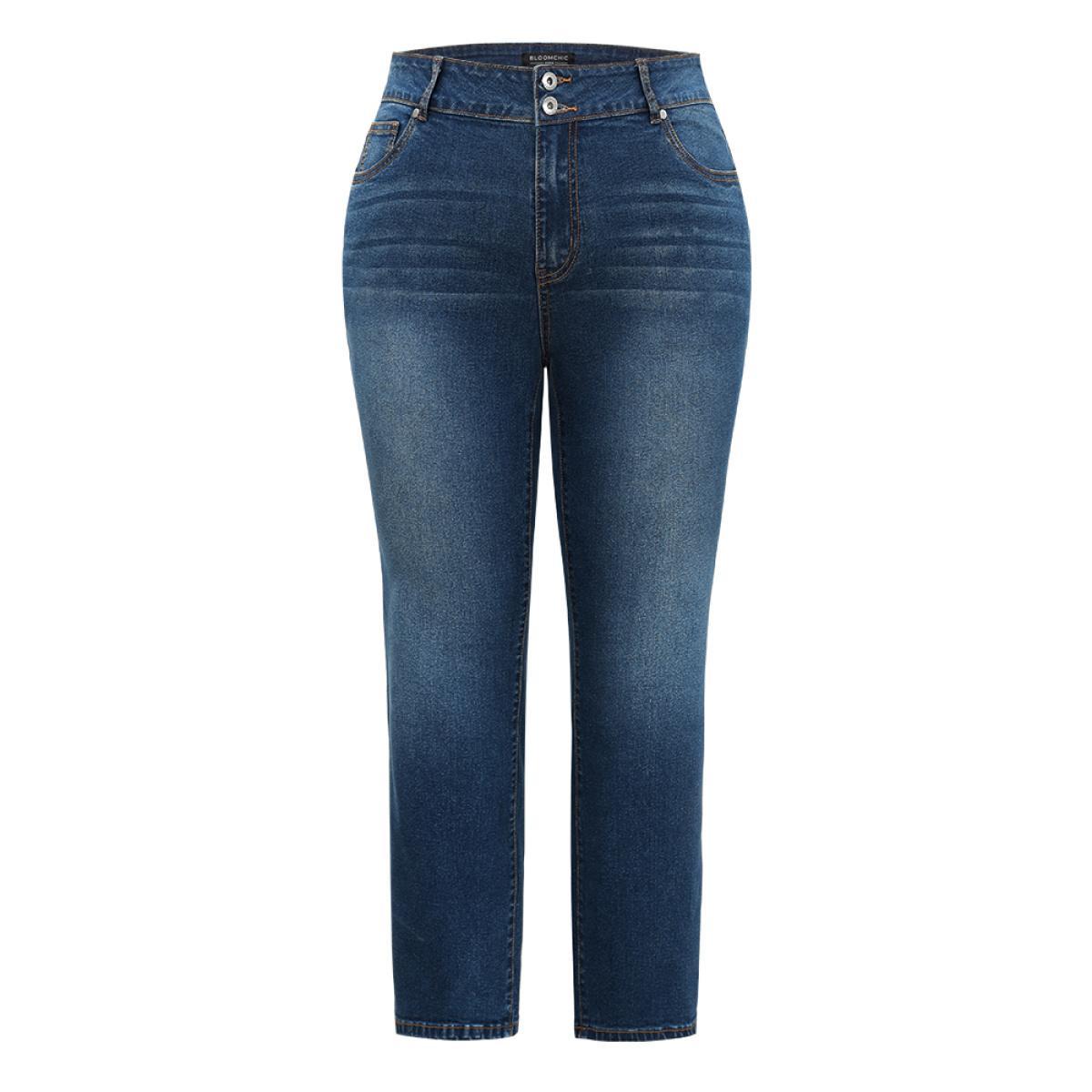 Plus Size Double Button Detail Straight Leg Jeans Women Blue Casual Plain Plain High stretch Pocket Jeans BloomChic 16/1X Product Image