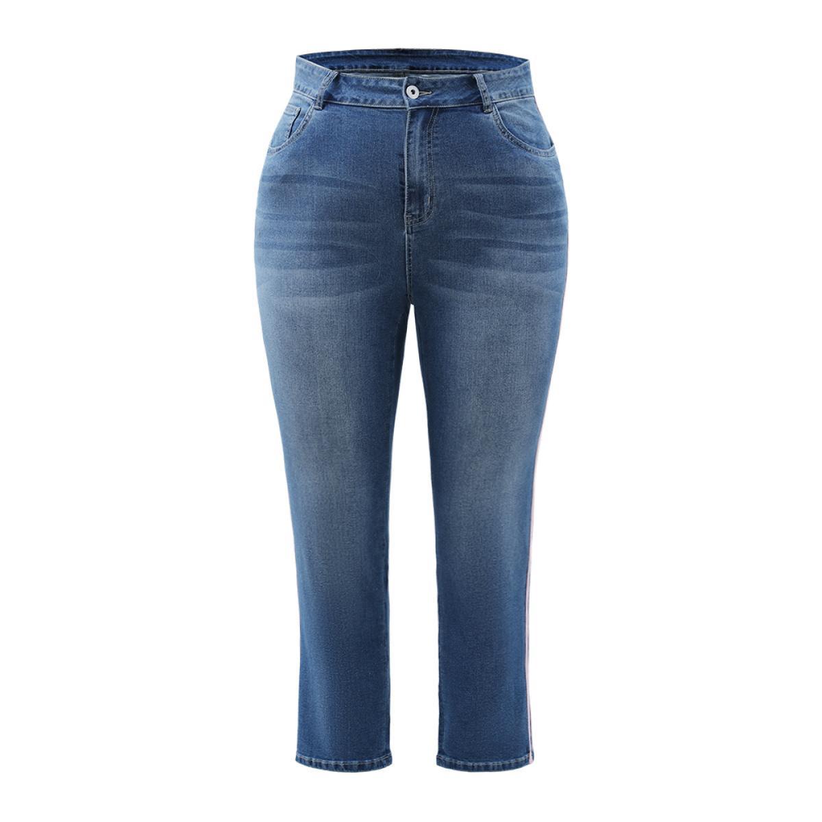 Plus Size Very Stretchy Medium Wash Contrast Striped Jeans Women Blue Casual Plain Patchwork High stretch Pocket Jeans BloomChic 14/1X Product Image