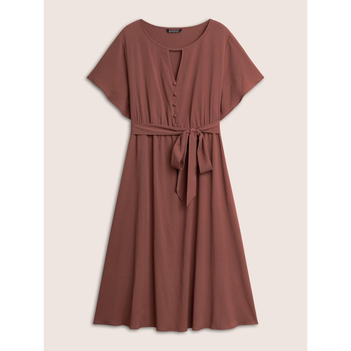Plus Size Anti-Wrinkle Keyhole Button Detail Belted Dress Maroon Women At the Office Belted Round Neck Short sleeve Curvy Midi Dress BloomChic 30/6X Product Image
