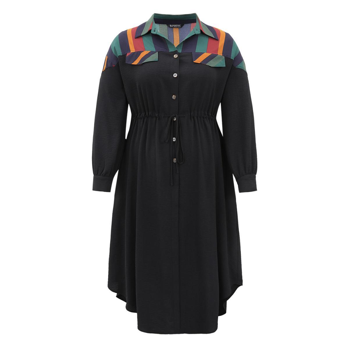 Plus Size Striped Contrast Drawstring Button Detail Shirt Collar Dress Black Women Office Patchwork Shirt collar Long Sleeve Curvy Midi Dress BloomChic 28/5X Product Image