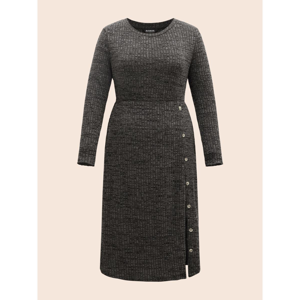 Plus Size Crew Neck Button Detail Split Hem Dress Black Women Casual Texture Round Neck Long Sleeve Curvy BloomChic 18-20/2X Product Image