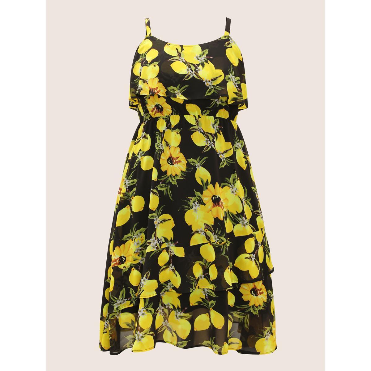 Plus Size Citrus Lemon Print Ruffle Trim Belted Cami Dress Black Women Elegant Gathered Non Sleeveless Curvy Midi Dress BloomChic 22-24/3X Product Image
