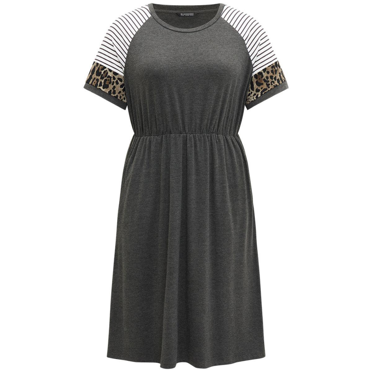 Plus Size Supersoft Essentials Leopard Striped Patchwork Raglan Sleeve Dress DimGray Women Casual Gathered Round Neck Short sleeve Curvy Midi Dress BloomChic 22-24/3X Product Image