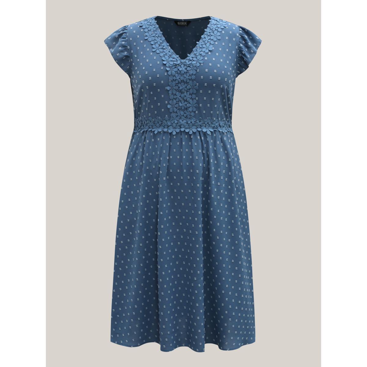 Plus Size Lace Textured Spliced Pockets Midi Dress Mediumblue Women Resort Woven ribbon&lace trim V-neck Cap Sleeve Curvy BloomChic 22-24/3X Product Image