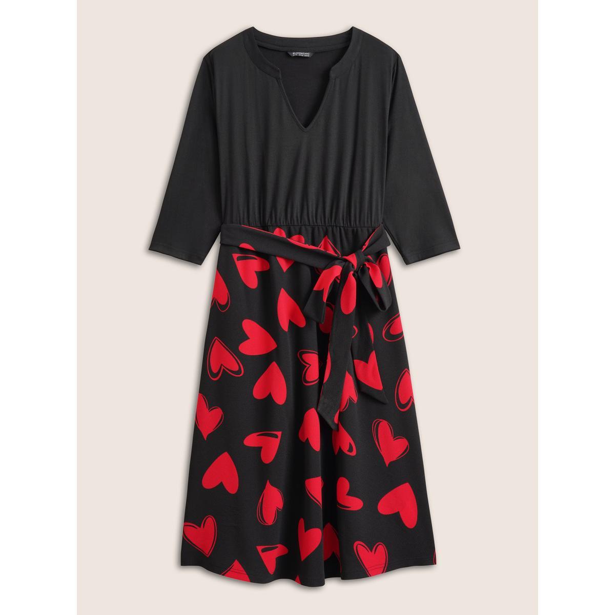 Plus Size Heart Print Notched Belted Patchwork Dress Black Women Elegant Non Notched collar Elbow-length sleeve Curvy Midi Dress BloomChic 30/6X Product Image