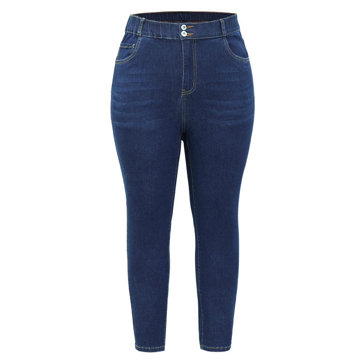 Plus Size Skinny Very Stretchy High Rise Dark Wash Elastic Waist Jeans Women DarkBlue Casual Plain High stretch Pocket Jeans BloomChic 12/L Product Image
