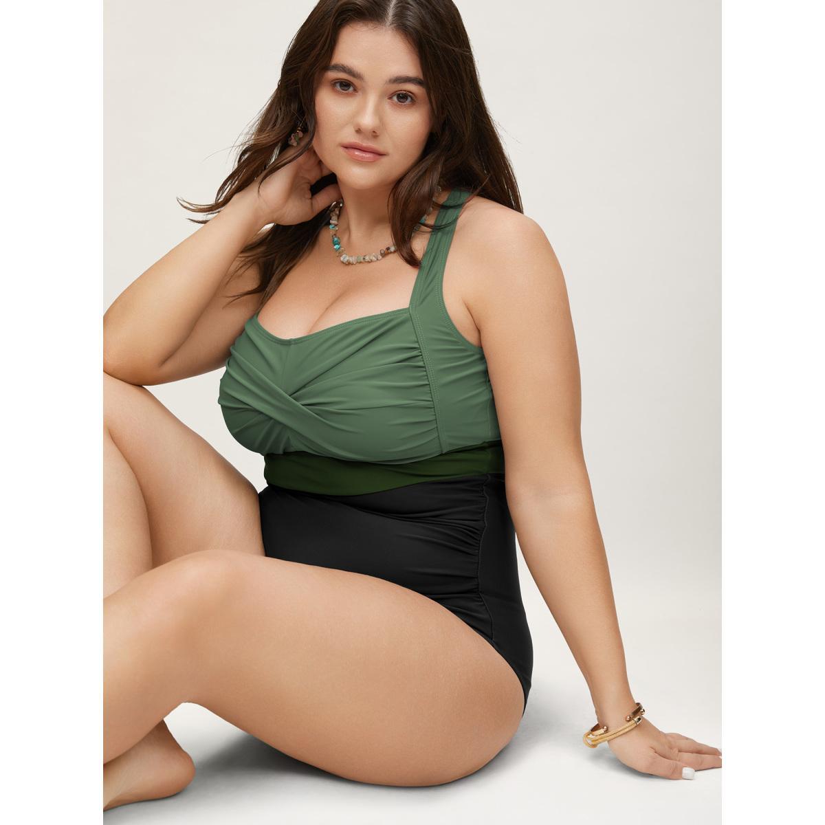 Plus Size Contrast Twist Front Tummy-Control One Piece Swimsuit Women's Swimwear ArmyGreen Beach Non Curve Bathing Suits High stretch One Pieces BloomChic 18-20/2X Product Image