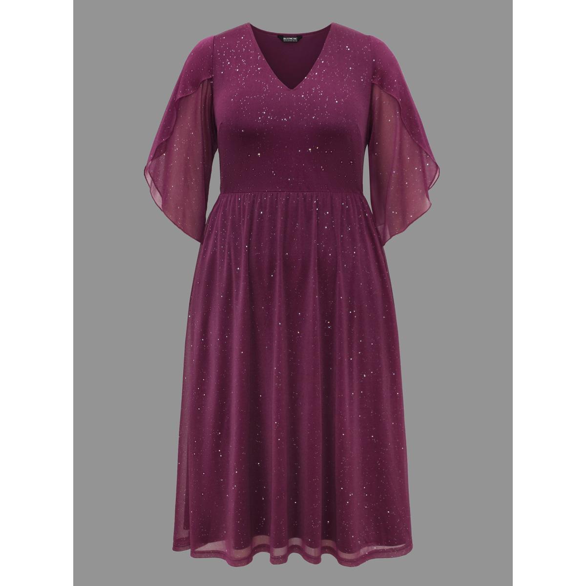 Plus Size Glitter Mesh Petal Sleeve Midi Dress Deeppurplered Women Cocktail Texture Party Curvy Bloomchic 26/4X Product Image