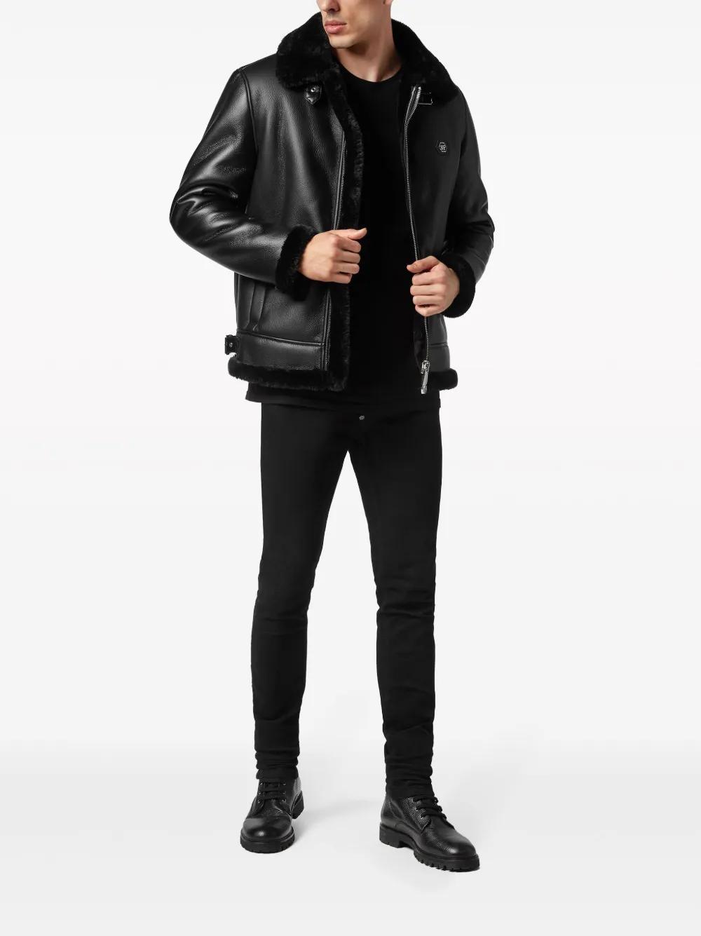 logo-patch faux-leather bomber jacket Product Image