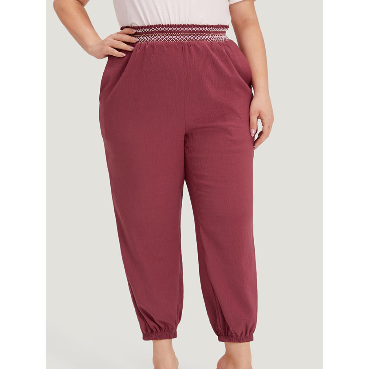 Plus Size Contrast Pocket Shirred Paperbag Waist Carrot Pants Women Burgundy Elegant High Rise Dailywear Pants BloomChic 26/4X Product Image