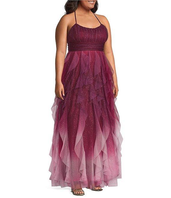 Pear Culture Plus Glitter Ombre Corkscrew Tulle Long Dress Product Image
