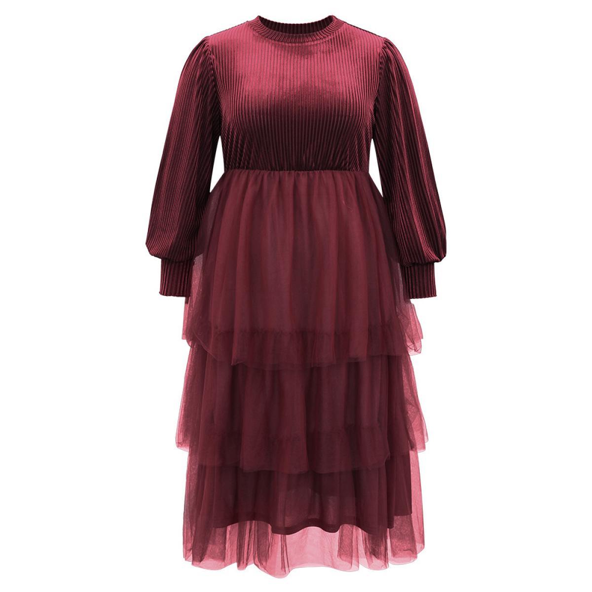 Plus Size Velvet Patchwork Mesh Layered Hem Dress Burgundy Women Glamour Velvet Round Neck Long Sleeve Curvy Midi Dress BloomChic 18-20/2X Product Image