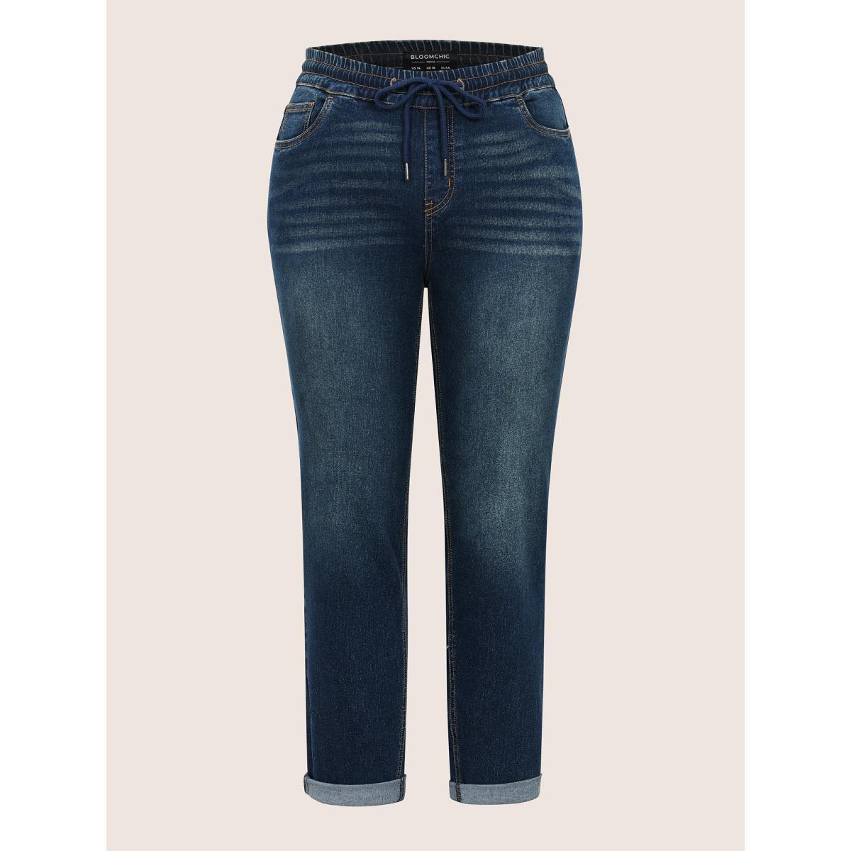 Plus Size Drawstring Elastic Waist Straight Leg Jeans Women Indigo Casual Plain Non High stretch Slanted pocket Jeans BloomChic 12/L Product Image