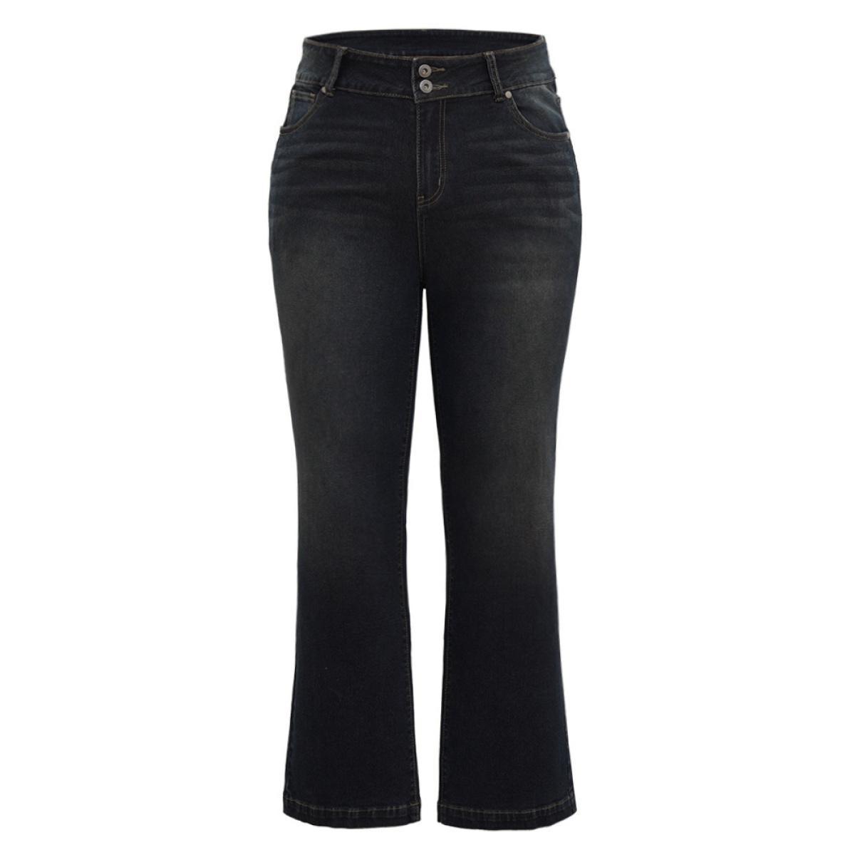 Plus Size Plain Flare Leg Dark Wash Jeans Women Midnight Casual Plain Plain High stretch Pocket Jeans BloomChic 24/3X Product Image