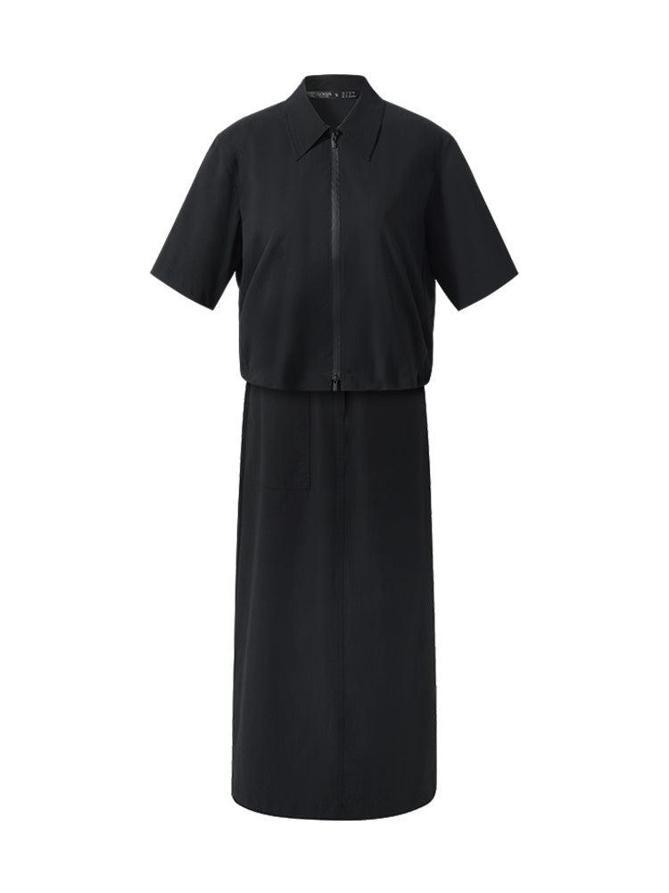 Short Sleeve Zip-Up Jacket And Adjustable Waist Skirt Two-Piece Set Product Image