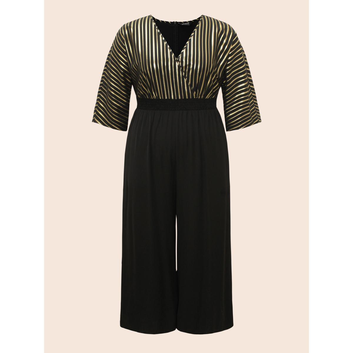 Plus Size Black Glitter Striped Patchwork Shirred Jumpsuit Women Cocktail Elbow-length sleeve Overlap Collar Party Loose Jumpsuits BloomChic 10/M Product Image
