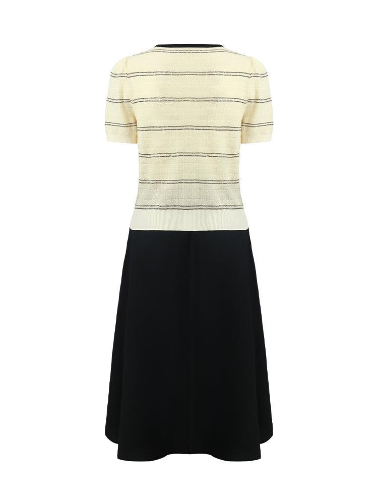 Contrast Trim Striped Knit Top And Half Skirt Two-Piece Set Product Image