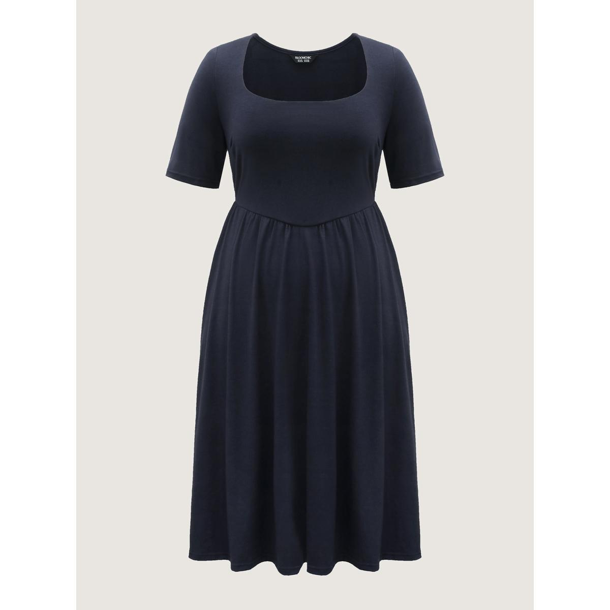 Plus Size Scoop Neck Stretch Solid Pockets Midi Dress Indigo Women U-neck Short sleeve Curvy BloomChic 26/4X Product Image