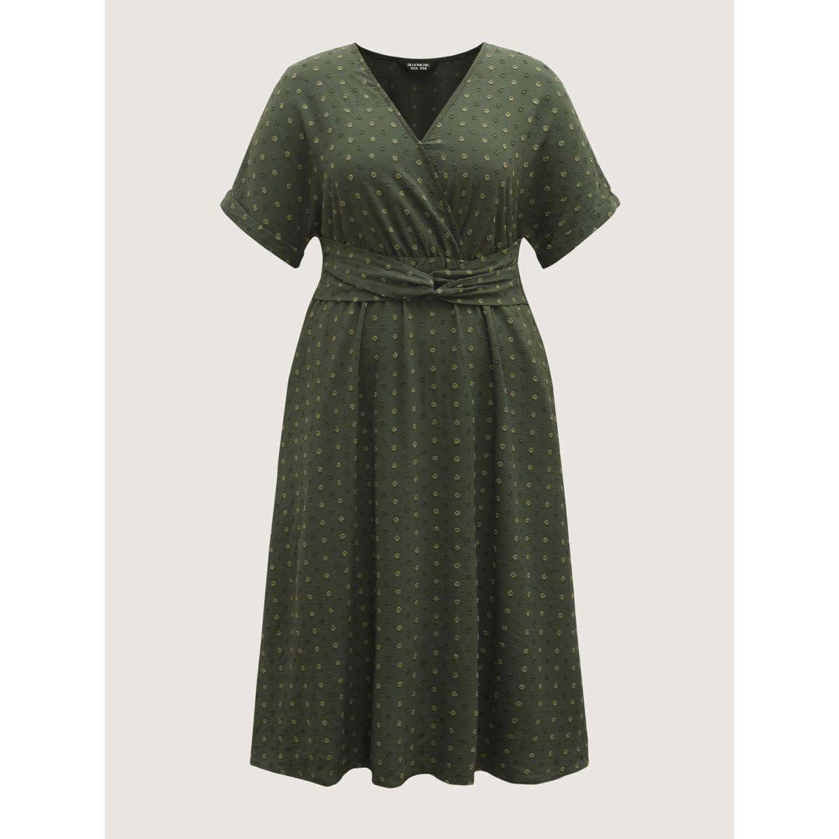 Plus Size Textured Pleated Twist Waist Midi Dress ArmyGreen Women Overlapping Overlap Collar Short sleeve Curvy BloomChic 18-20/2X Product Image