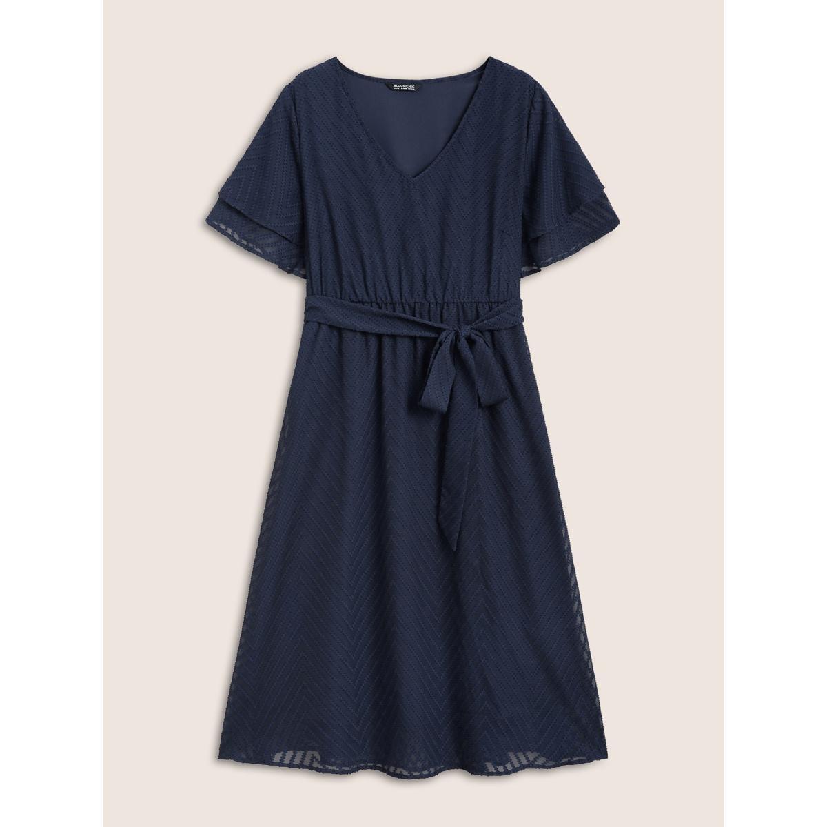 Plus Size Texture Tiered Ruffle Sleeve See Through Dress Navy Women Elegant Texture V-neck Half Sleeve Curvy BloomChic 18-20/2X Product Image