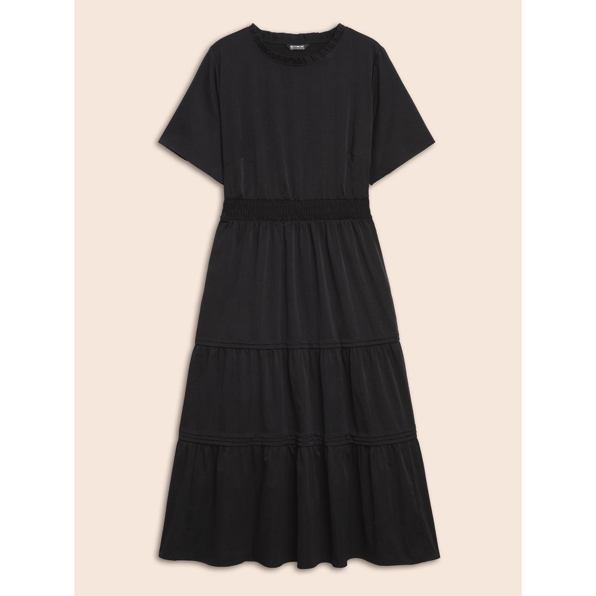 Plus Size Plain Frill Trim Ruffle Layered Hem Dress Black Women Resort Tucked seam Mock Neck Short sleeve Curvy BloomChic 28/5X Product Image